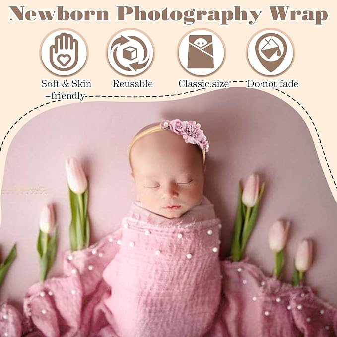 Buryeah 7 Pcs Baby Photoshoot Props Wrap Kit Includes 3 Pcs 66.9 x 35.4'' Newborn Photography Props 4 Pcs Baby Flower Headband Photo Supplies for Boy Girl Infant Toddler