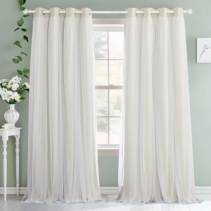 PONY DANCE Double-Layered Curtains - Blackout Curtains 63 Inch Length, Grommet Top Design White Sheer Panels for Bedroom/Living Room (W52xL63, Beige, One Pair, with Free Tie-Backs)