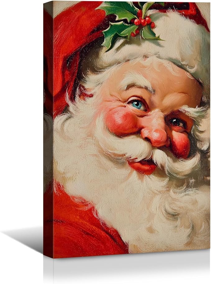 YONICA Christmas Canvas Wall Art Classic Santa 24x36 Inch Traditional Oil Painting Portrait - Large Framed Gallery Wrapped Living Room Art