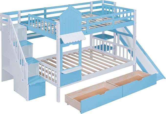 Full-Over-Full Bunk Beds Castle Style Bunk Bed with 2 Drawers 3 Shelves and Slide - Blue
