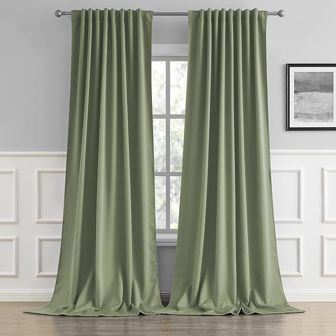 DUALIFE Light Sage Green Curtains 108 Inches Long Back Tab/Rod Pocket Room Darkening Curtain Panels Window Drapes Light Blocking 52 x 108 Inch Length,2 Panels Set