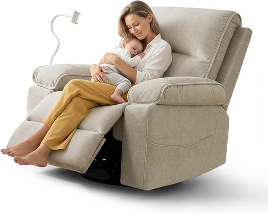 360° Swivel Glider Recliner Nursing Rocking Chair for Breastfeeding, with Adjustable and Removable Phone Holder for Living Room,Nursery Room, Baby Essentials