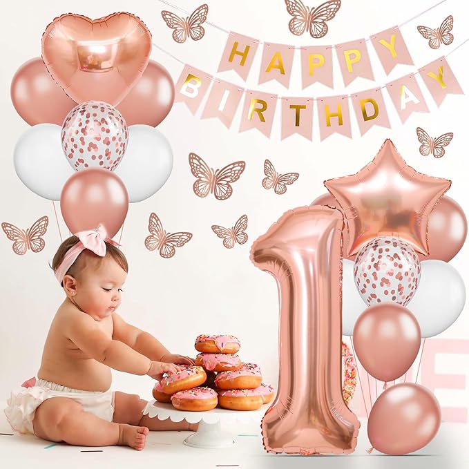 1st Birthday Decoration for Girls, Rose Gold 1st Birthday Balloon, Rose Gold Number 1 Balloon with Butterfly Stickers, Star Heart Foil Balloons Banner Set for Baby 1 Year Old Birthday Party Decor