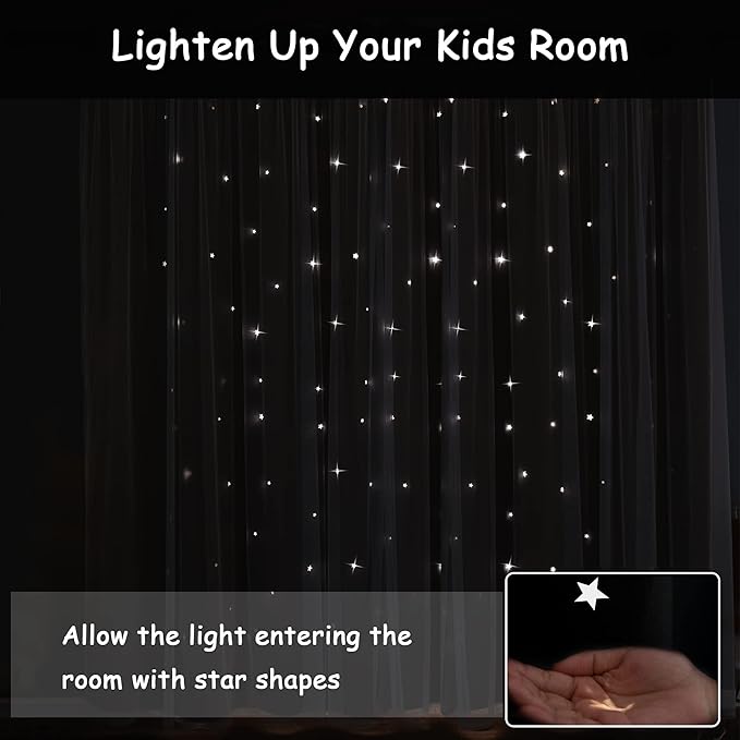 Kinryb Kids Blackout Curtains for Bedroom/Living Room/Classroom, Sheer Overlay Small 2 Panel Set, Double Layer Curtains with Star Cutout for Kids Room(W 52 x L 36 Inches,Grey 2 Pcs)