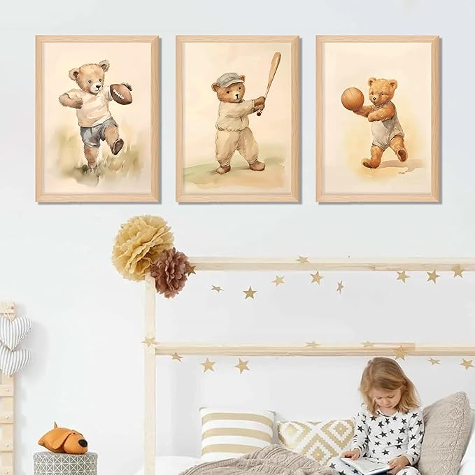 Framed Bear Wall Art Nursery Decor Set of 3, Cute Vintage Baby Bear Sports Pictures Wall Decor, Nursery Animal Poster Prints, Wild Animals Canvas for Children Bedroom Boy Room Decoration – 12x16 inch
