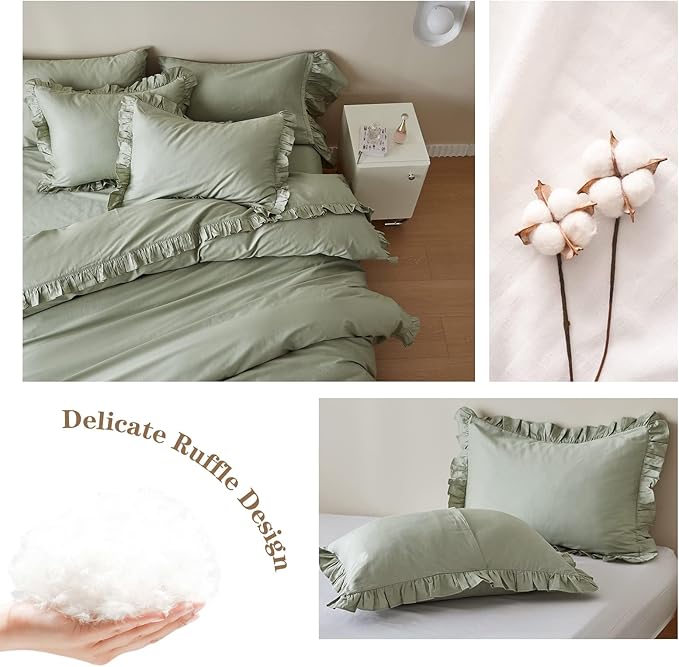 Simple&Opulence Kids 100% Organic Cotton Full Duvet Cover Ruffle 3Pcs(1 Comforter Cover 2 Pillowcases) Cute Lace Vintage Boho Shabby Chic Farmhouse Bedding Set Teen Girls(Sage Green, Full)