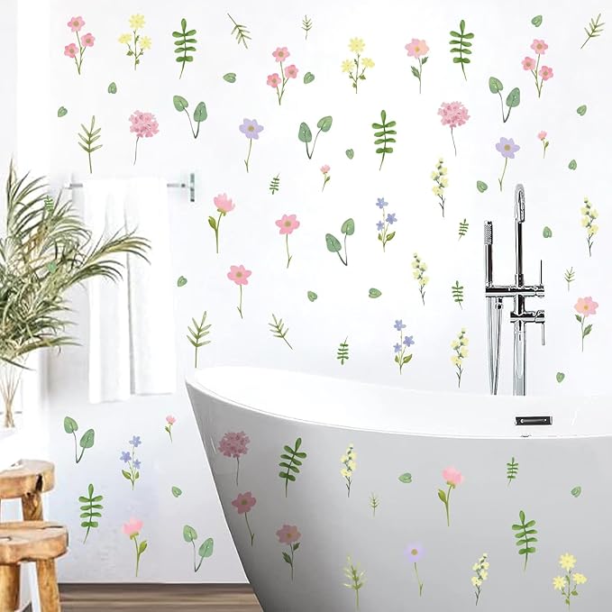 Flower Floral Wall Decal Small Colorful Flower Wall Stickers Flowers Leaves Decals Wildflower Floral Leaf Sticker Cute Flower Leaf Decal for Nursery Girls Room Bedroom Decor
