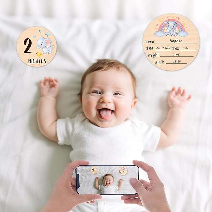 Baby Monthly Milestone Cards Signs - 13 Double Sided Little Elephant Milestone Cards, "Hello" Wooden Circles Discs for Photo Props Elephant Newborn Announcement Marker, Baby Shower Newborn Sign Gift