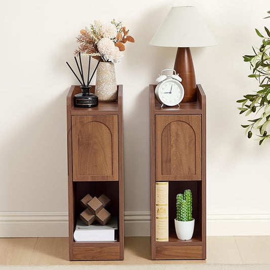 Narrow Nightstands Set of 2, Slim Bedside Tables with Raised Edge Top, Arched Drawer & Open Shelf, Modern Wooden Small End Tables for Bedroom Small Spaces (2, Walnut)