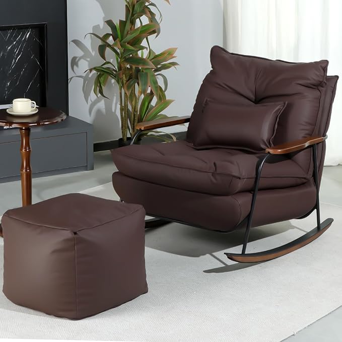 zyz Rocking Chair with Ottoman and Pillow, Mid-Century Modern Recliner, Reclining Nursery Rocker, Wood Armchair, 25° Rocking Motion, Lazy Sofa for Living Room Bedroom Balcony, PU Leather (Dark Brown)