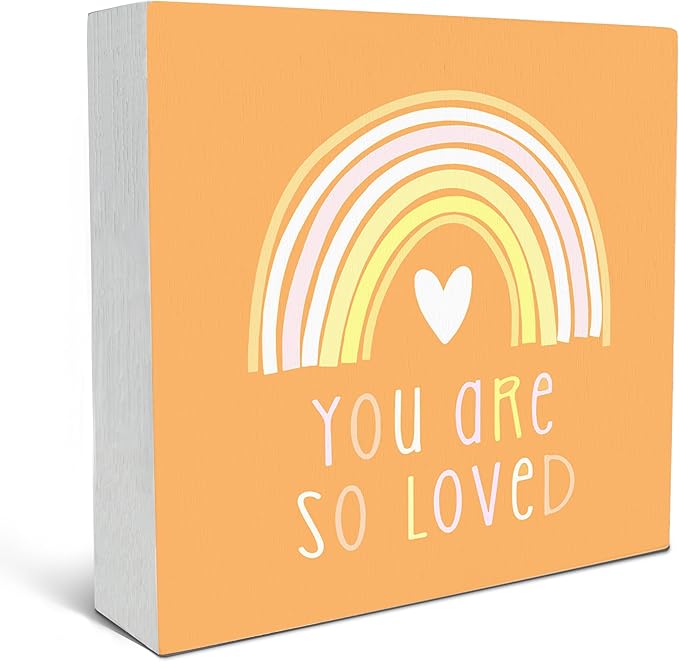 SRADMO You Are So Loved Rainbow Heart Wood Box Sign Desk Decor, Orange Kids Inspirational Quotes Wooden Block Box Sign Decoration for Kids Room Nursery Playroom Shelf Table Decorative Accessories