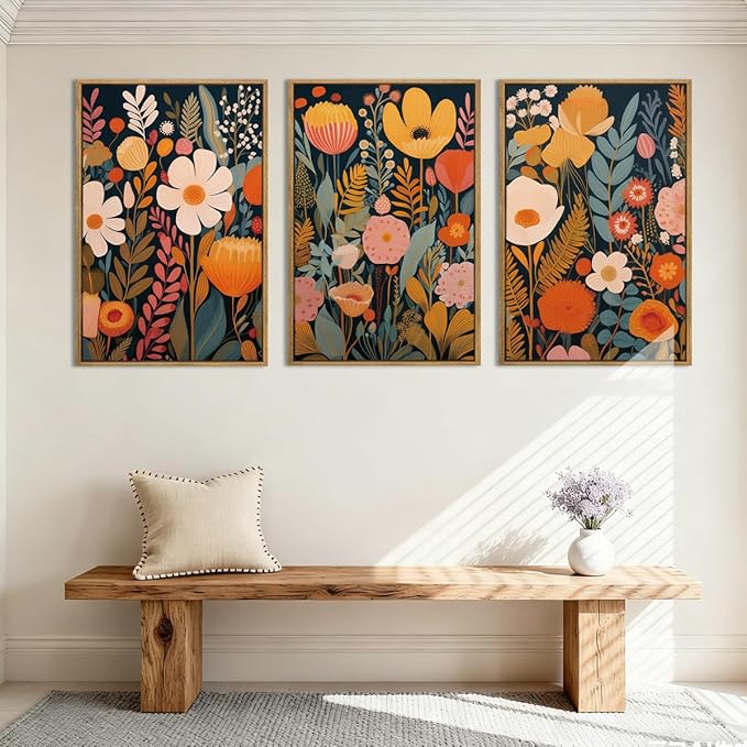 IARTTOP Large Floral Framed Canvas Wall Art 16x24 Inch Orange Abstract Blossom Flowers Wall Decor Set of 3 Mid-century Modern Boho Botanical Art Prints for Living Room Bedroom Office