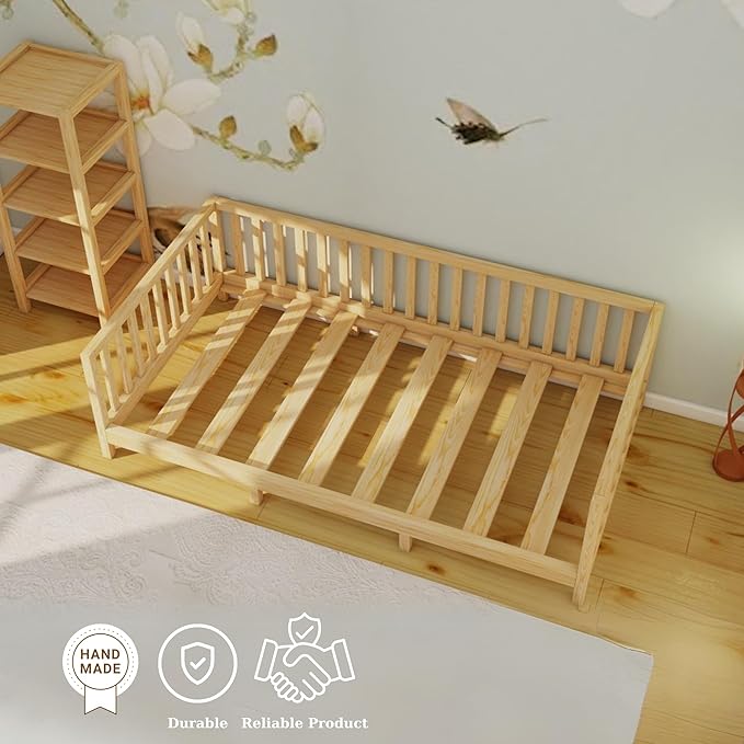 Montessori Floor Bed Designed with Open Front and Footed Model for Girls and Boys | Pine Wood Natural Solid Frame Beds with Slats | Sturdy Designed Floor Bed Frame for Kids (King, Height : 23 Inches)