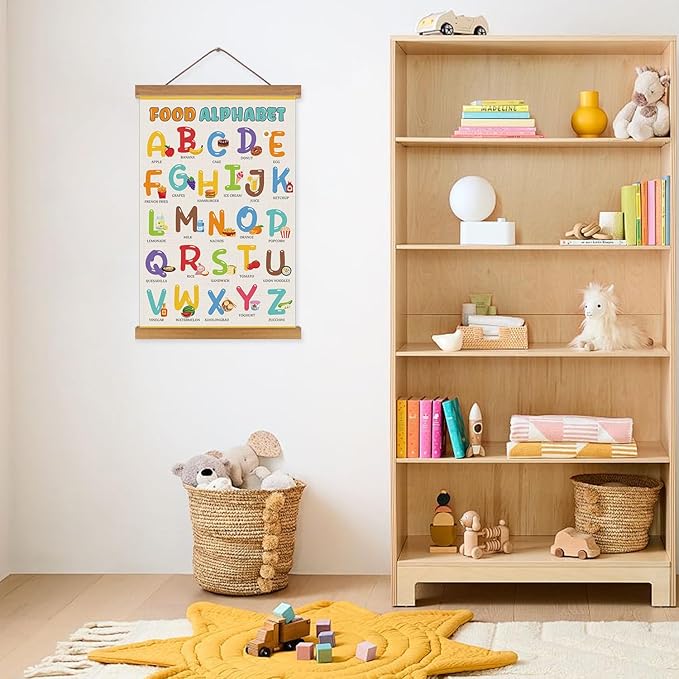 KAIRNE Food Alphabet Wall Decoration,Alphabet Poster,Colorful ABC Art Prints,ABC Canvas With Magnetic Hanger Frame(35”X56”),Educational Chart Wall Art for Toddler Classroom Kids Room Playroom Decor