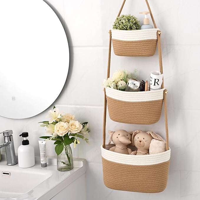 Hanging Storage Baskets, 3-Tier Over the Door Basket, Cotton Wall Baskets Storage, Detachable Hanging Door Basket with 4 Hooks, Over the Door Organizer Nursery for Bedroom, Living Room, Bathroom Wall