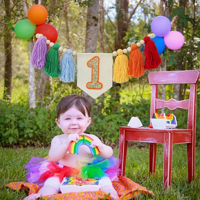 Handmade Light Rainbow 1st Birthday High Chair Banner Party Decoration for Girl Baby Colorful Wall Hangings Decoration Happy One Birthday Photoshoot Props Photo Props