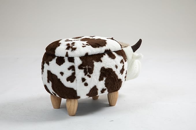 Home 2 Office Fun Happy Cow Ottoman with Storage for Kids' Bedroom, Playroom, Nursery or Recreation Room Decor, Soft Animal-Shaped Toddler Furniture with Wooden Legs