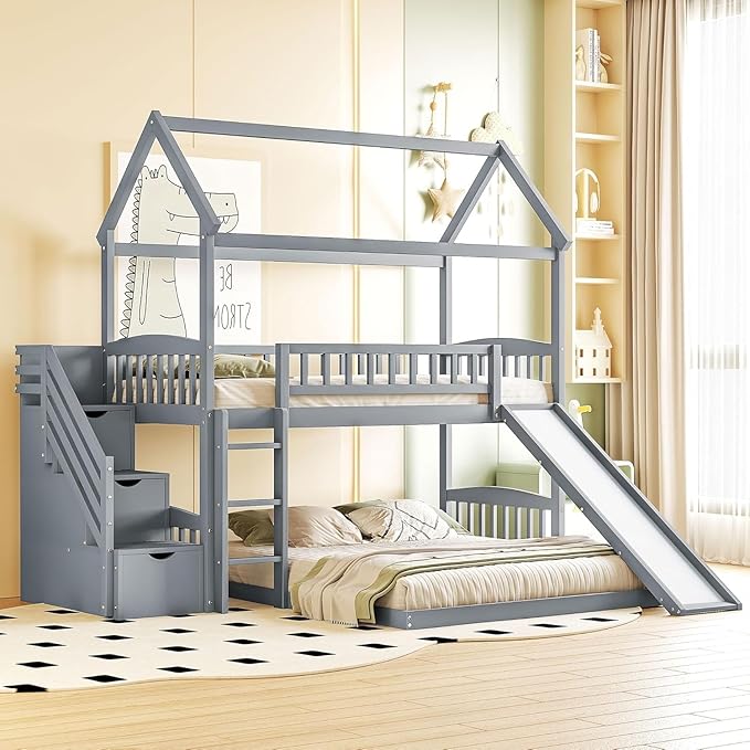 MERITLINE Twin Over Full L Shaped Bunk Bed for 2,Solid Wood House Floor Bunk Bed with Slide and Storage Stairs,No Box Spring Needed (Grey)