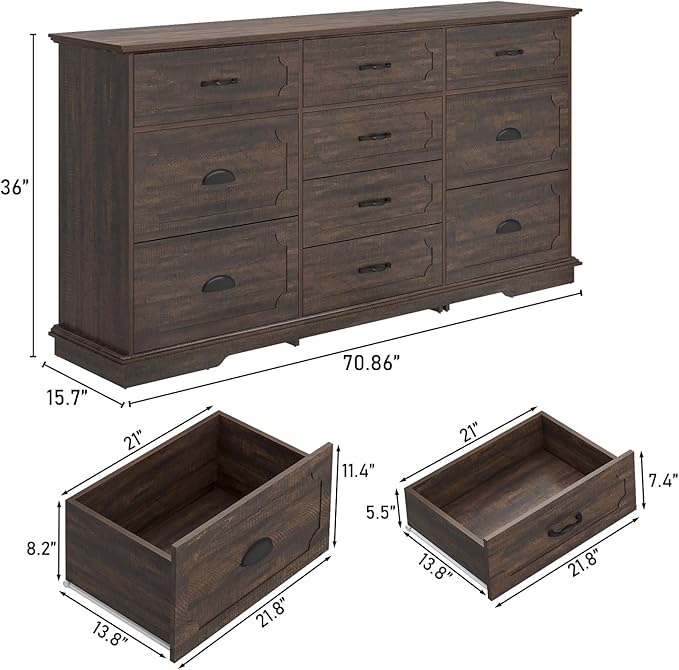 70inch Large Long Dresser w/Charging Station,10 Drawer Dresser w/Deep Big Drawers,Wooden Chest of Drawers w/Power Outlet,Brown Dressers for Bedroom,Living Room,Entryway