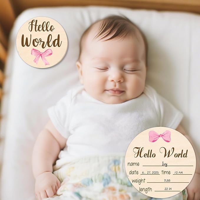 Baby Monthly Milestone Cards Sign - 13 Pcs Double Sided Baby Announcement Signs Bow, Pink Bow Wooden Milestone Circles Discs for Photo Props, Birth Announcement Marker Girl, Babies Welcome Card Gift