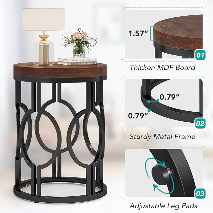 Tribesigns Round End Table, Industrial SideTable with Metal Hollow Frame, Small Bedside Table Nightstand for Living Room, Bedroom, Easy Assembly (Rustic Brown,1PC)