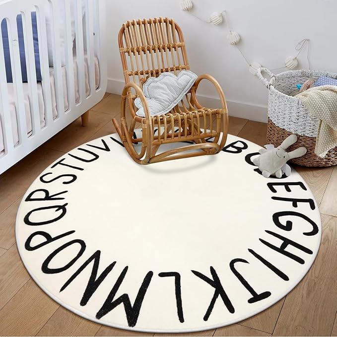 LIVEBOX ABC Play Room Round Rug Alphabet Play Mat, Circle Washable Rug Educationa Nursery Rug for Baby Boy and Girl Room, Non-Slip Learning Carpet for Children Playroom Classroom (47",Black,Beige)