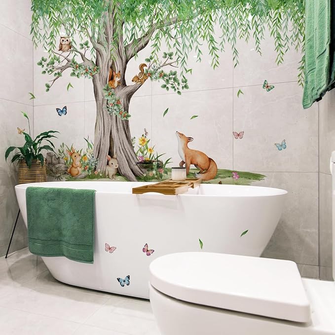 Large Pendulous Tree Woodland Forest Wall Decals, Hanging Green Tree with Animals Birds Wall Stickers for Nursery Kids Room Wall Decor, 74.8x42.5 inch