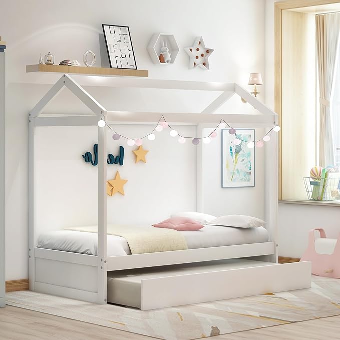 Twin Size House Bed with Trundle and Roof,can be Decorated,Bedroom Wood Platform Bed Frame W/ No Box Spring Required,Easy to Assemble,Save Space,for Kids Teens Girls Boys,Gray