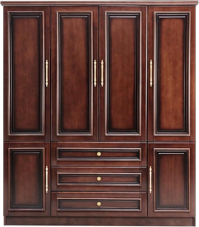 Solid Wood Armoire:Large Wardrobe Closet with Drawers and Hanging Rod,Storage Cabinet Clothes Organizer for Bedroom Cherry Finish