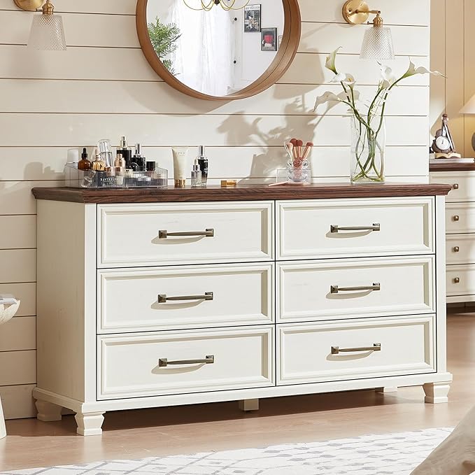 Farmhouse 6 Drawer Dresser for Bedroom, 54 inch Wide Large Vintage Chest of Drawers with Square Solid Wood Legs, Rustic TV Stand for Living Room, Wooden Storage Dressers for Hallway, White