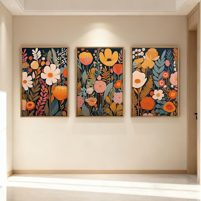 IARTTOP Large Floral Framed Canvas Wall Art 16x24 Inch Orange Abstract Blossom Flowers Wall Decor Set of 3 Mid-century Modern Boho Botanical Art Prints for Living Room Bedroom Office