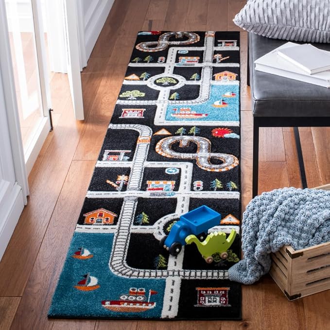 SAFAVIEH Carousel Kids Collection Runner Rug - 2' x 8', Black & Ivory, Non-Shedding & Easy Care, Ideal for High Traffic Areas for Boys & Girls in Playroom, Nursery, Bedroom (CRK192Z)