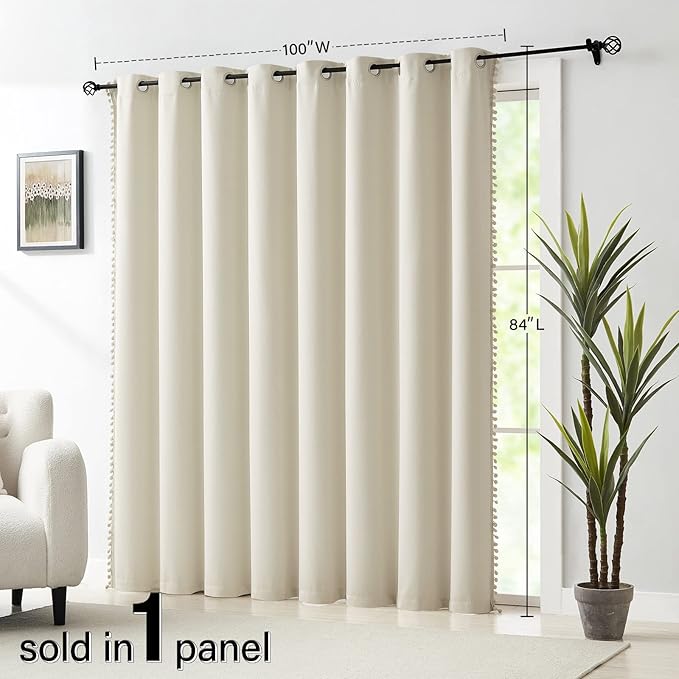 Treatmentex Pom Pom Sliding Door Blackout Curtains Ivory 100"x 84" Extra Wide Patio Door Curtain Panels with Pom Poms Room Darkening Curtains Thermal Insulated Curtains 1 Panel, Natural