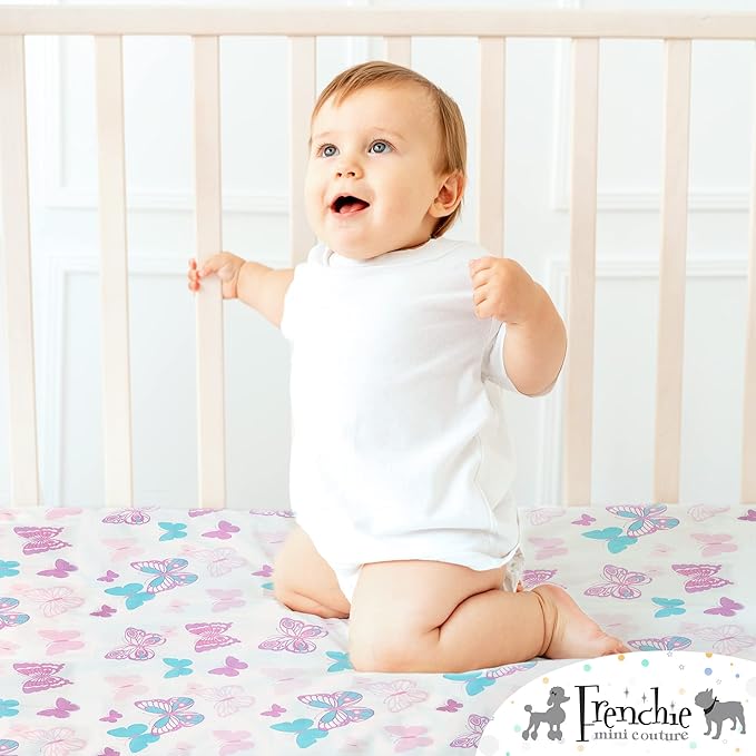 Frenchie Mini Couture, Crib Sheets 2 Pack, 100% Woven Cotton, Fitted Mattress Covers, Fits Standard Size Toddler Bed 28 x 52 x 8in, Butterfly
