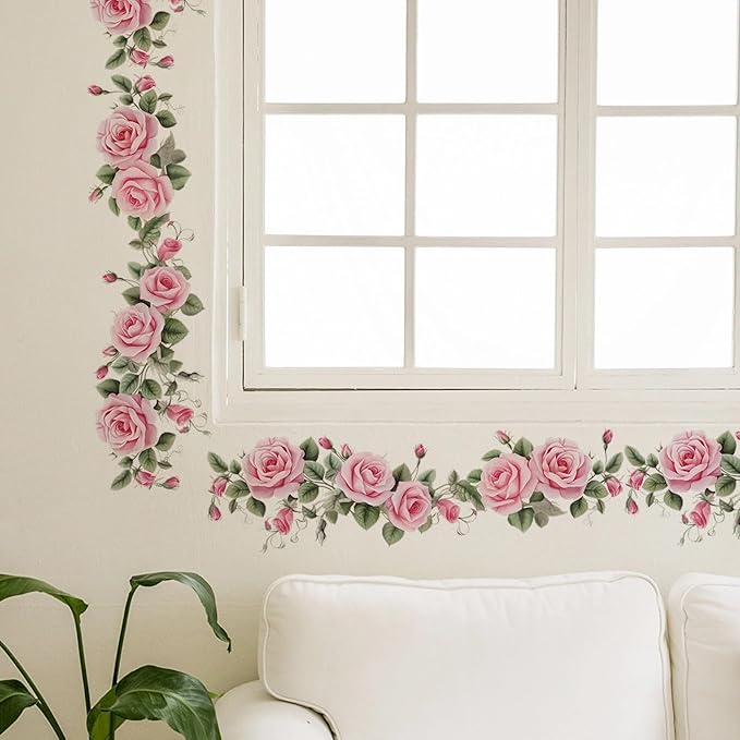 Pink Siren Rose Flower Vine Wall Stickers, sacinora Floral Art Botanical Wall Decals Removable Vinyl Peel and Stick for Furniture Door Living Room Bedroom Nursery Decorations
