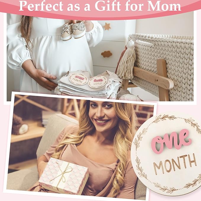 7 Pcs Months Baby Milestone Signs, 3D Pink Baby Monthly Milestone Cards Milestone Wooden Circles for Newborn Boy Girl 1-12 Months Baby Milestone Pictures (Double Sided)