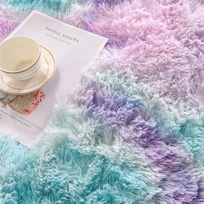 DweIke Fluffy Rainbow Rugs for Bedroom Living Room, 5x8 Feet Soft Plush Shaggy Multicolor Blue Purple Girls Boys Kids Rug, Non-Slip and Machine Washable Carpet for Dorm Nursery Classroom Decor