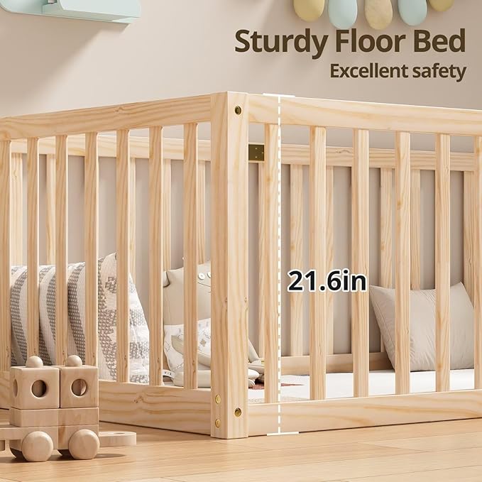 LLS Full Size Floor Bed with 21.6" High Fence for Kids Boys Girls, Solid Wood Multifunctional Montessori Bed Frame with Door, Without Slats, Natural