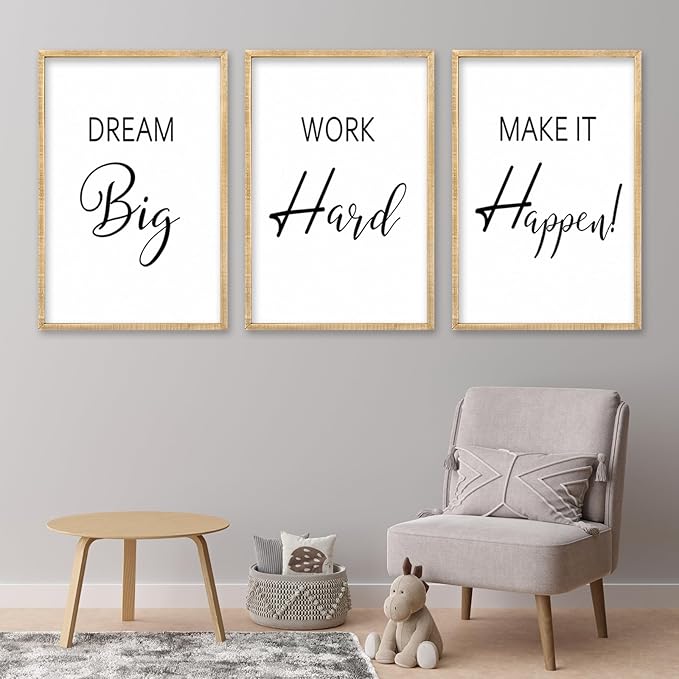 Motivational Positive Sign Wall Decor 11x16 Inch Office Set Of 3 Wood Framed Large Inspirational Quotes Living Room Home Wall Art Dream Big Work Hard Make it Happen women Hanging (Wood)