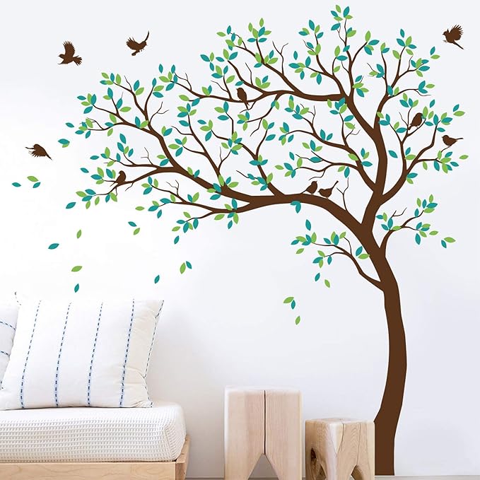 Large Tree Wall Decals Nursery Leaning Tree Stickers with Birds Wall Art Mural Vinyl Decor KW032 (Leaning Left, Brown, Lime-Tree Green, Turquoise)