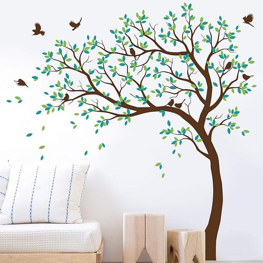 Large Tree Wall Decals Nursery Leaning Tree Stickers with Birds Wall Art Mural Vinyl Decor KW032 (Leaning Left, Brown, Lime-Tree Green, Turquoise)