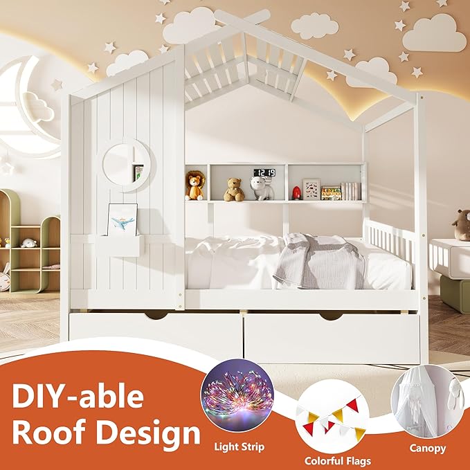Aoowow Full Size House Bed with Storage Shelves and Drawers, Wood Platform Kids House Bed with Window and Roof for Bedroom, Full Playhouse Bed Frames for Boys Girls, Can be Decorated, White