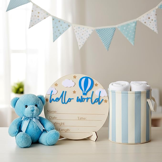 Baby Announcement Sign 5.9 Inch Wooden Hello World Newborn Signs Baby Name Plaques Birth Announcement Signs Pen Hot Air Balloon White Cloud Newborn Welcome Sign BabyShower Hospital Nursery