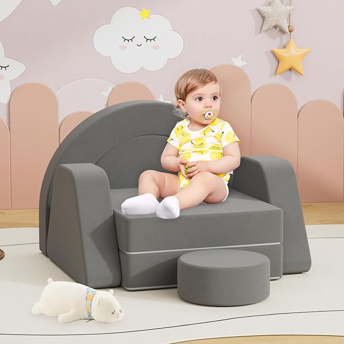 7 PCS Modular Kids Play Block Couch Child Sectional Sofa Toddler Building Fortplay Bedroom Playroom Baby Convertible Floor Foam Cushion for Boys & Girls (Dark Gray-Single)
