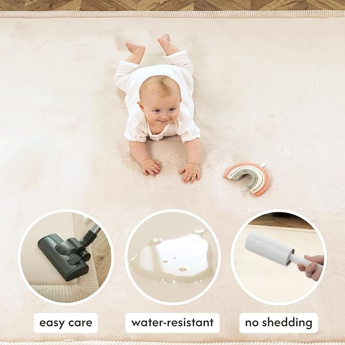 Premium Baby Playmat for Floor 80" x 110" Beige – Cloudsoft Coral Velvet Memory Foam Rug for Crawling – Non-Slip, Water-Resistant, Non-Toxic, Easy-Care Muscle Mat – Thick Play Mat for Baby