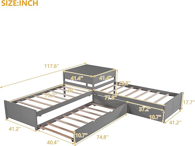 Harper & Bright Designs L-Shaped Platform Bed Frame with Trundle and Drawers Linked with Built-in Desk for Kids Boys Girls, Twin, Gray