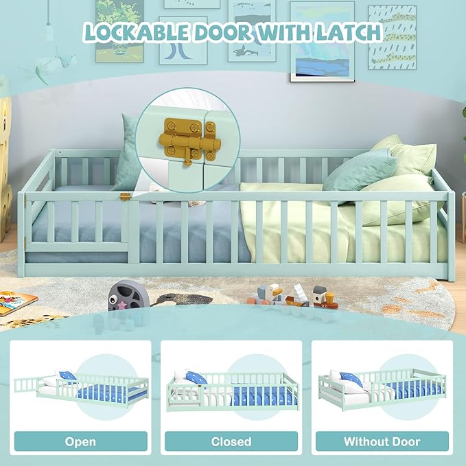 Giantex Twin Floor Bed with Door & Fence, Kids Wood Montessori Beds with Safety Guardrails, Floor Bed Twin for Kids, Boys, Girls, No Box Spring Needed, Mint Sky