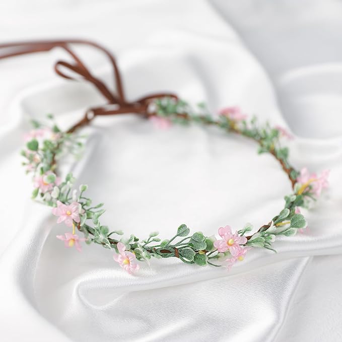 Handmade Pink Flower Crown Girls Hair Wreath Bridal Flower Headband Green leaf Headpiece Floral Hair Accessories for Weeding Birthday Party Cosplay