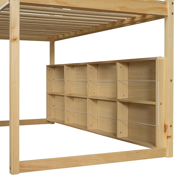 Playhouse Design Twin Size Wood Loft Bed with Slide and Tent, Low Loft House Bed Frame with Storage Shelves and Removable Car-shaped Staircase for Kids Teens Boys Girls Bedroom (Natural+Beige)