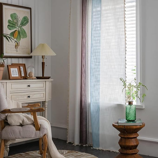 Deeprove Boho Linen Curtains 96 inch Length for Home Office Laundry Room, Contemporary Mid-Century Modern Tassels Window Treatment Bohemian Embroidery Drape 1 Panel 52" W x 96" L, Blue and Brown